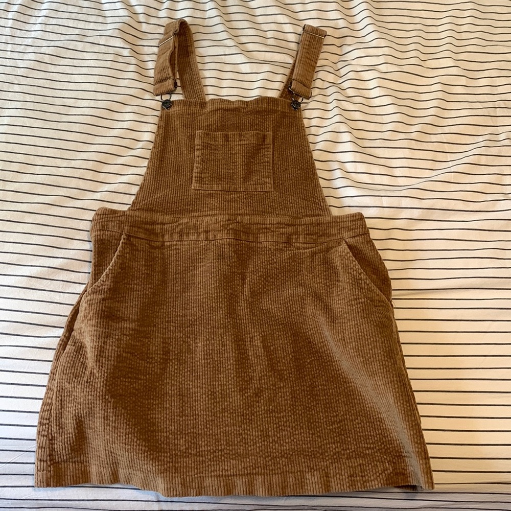 Umgee L Cognac Corduroy Mini Overall Dress with 3 pockets